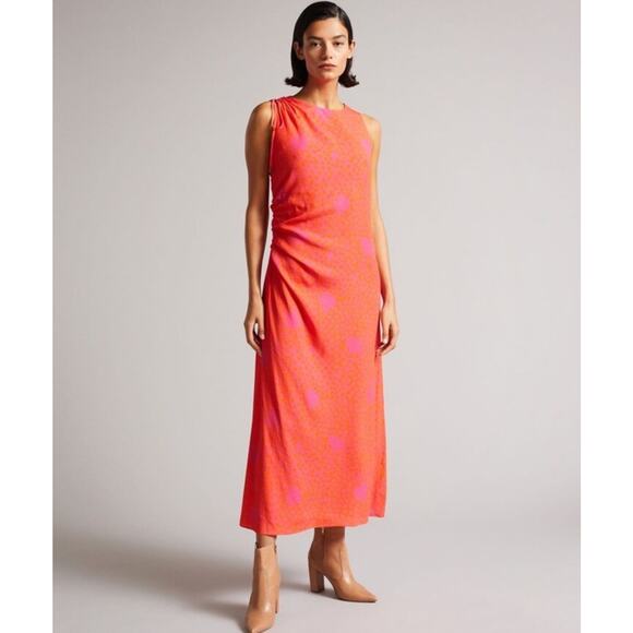 Ted Baker Luissa Midi Dress Size 2 Orange & Pink Ruched Side Detail Sleeveless - Picture 1 of 16